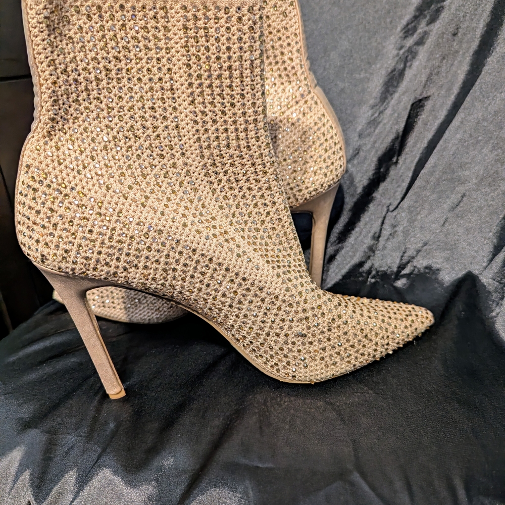 Tan Heeled Ankle Boots with Woven Texture